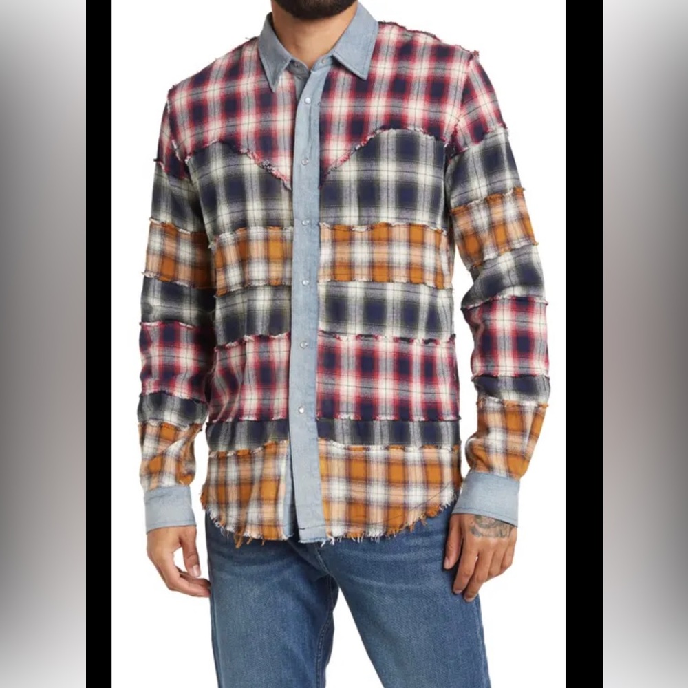 Six Week residency flannel shirt Patchwork Plaid Western Snap Shirt Men’s Small